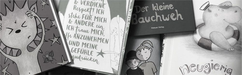 Collage aus Illustrationen und Buchcovern von Corinna Leibig – Kinderbücher über Gefühle und psychosomatische Beschwerden