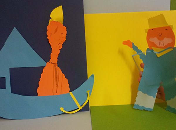 <p><strong>Theaterstück erzählt mit Collagen: </strong>bemaltes und ausgeschnittenes Tonpapier, aufgeklebt und aufgestellt, live vorgeführt und als Handyfilm festgehalten. Von einem Mädchen, deren Mama im Sterben lag, Hospiz 2014</p>